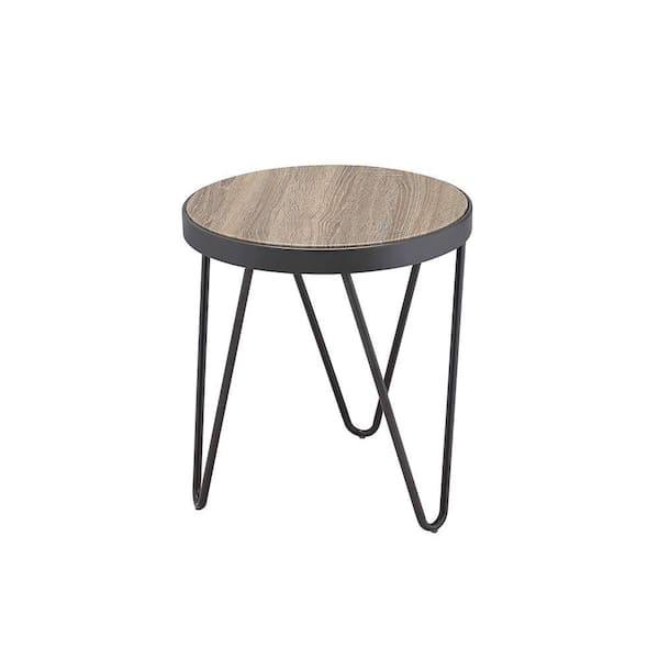 Benjara Brown And Black Round End Table, Round Side Table Wood Top Metal Legs