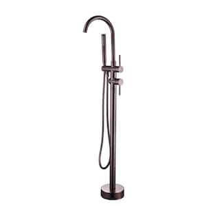 Freestanding 2-Handle Floor Mounted Roman Tub Faucet Bathtub Filler with Hand Shower in Brown