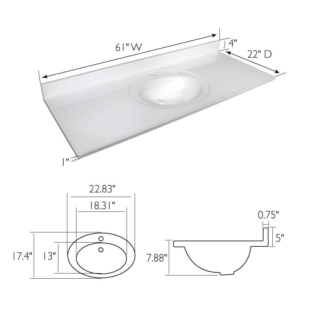 61-Inch White Cultured Marble Vanity Top with Backsplash