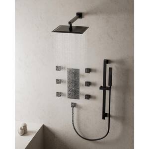 Thermostatic Triple Handle 5-Spray Patterns 12 in. Shower Faucet with 6-Jets in Matte Black (Valve Included)