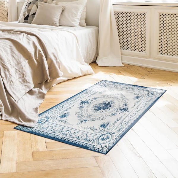 Aubusson Blue 3 ft. x 5 ft. Medallion Washable Area Rug