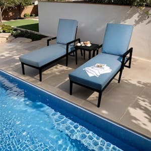 3-Piece Aluminum Outdoor Patio Furniture Chaise Lounge Set with Blue Cushions and Coffee Table