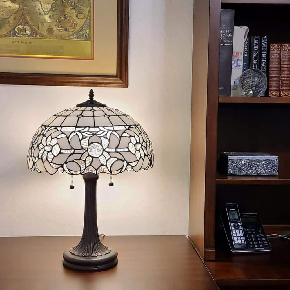 White and Translucent Stained Glass Table Lamp with Dark Brown Base