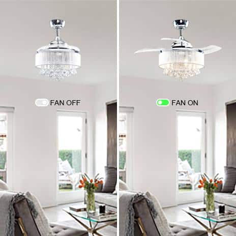 Broxburne 36 in. Indoor Chrome Downrod Mount Retractable Crystal Ceiling Fan Chandelier with Light Kit and Remote Parrot Uncle Ceiling Fans With Lights