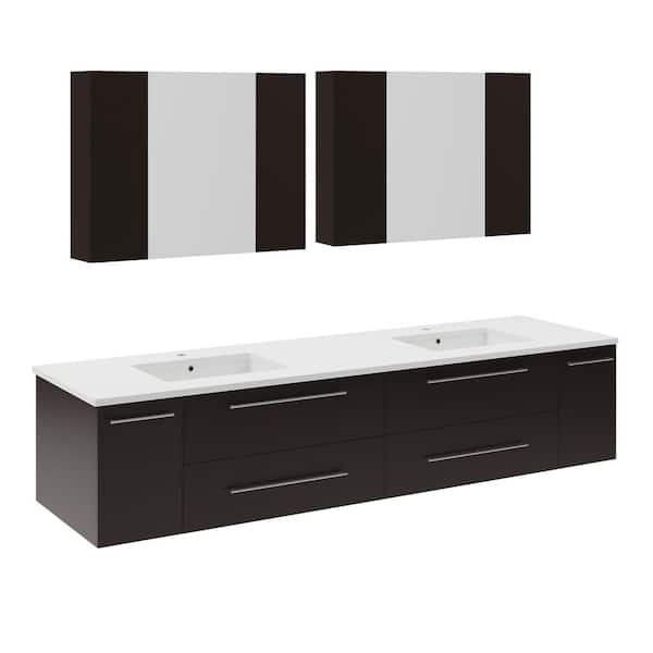 Fresca Lucera 72 in. Double Sink Wall Mount Espresso Bath Vanity with White Quartz Top, Undermount Sinks and Medicine Cabinets