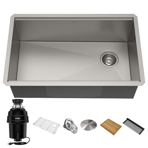 KRAUS Kore 32 in Undermount 16 Gauge Single Bowl Stainless Steel Kitchen Sink with WasteGuard 1 HP Garbage Disposal