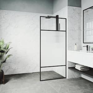 Essex 34 in. W x 74 in. H Fixed Framed Shower Door in Matte Black with Reeded Glass