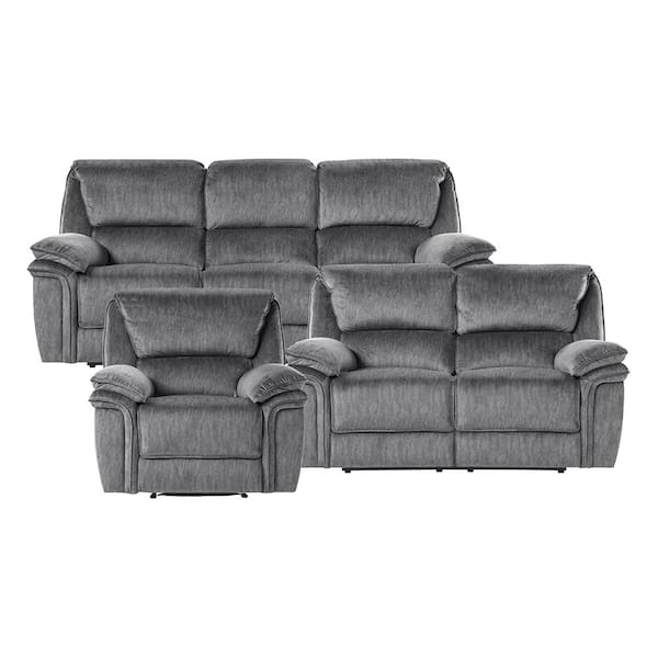 Greerman 88.5 in. W. Pillow Top Arm Microfiber Rectangle 3-Piece Manual Reclining Sofa Set in Gray