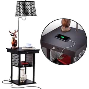 Madison 56 in. Black Narrow End Table with Built-In LED Lamp with Pattern Shade and USB Port