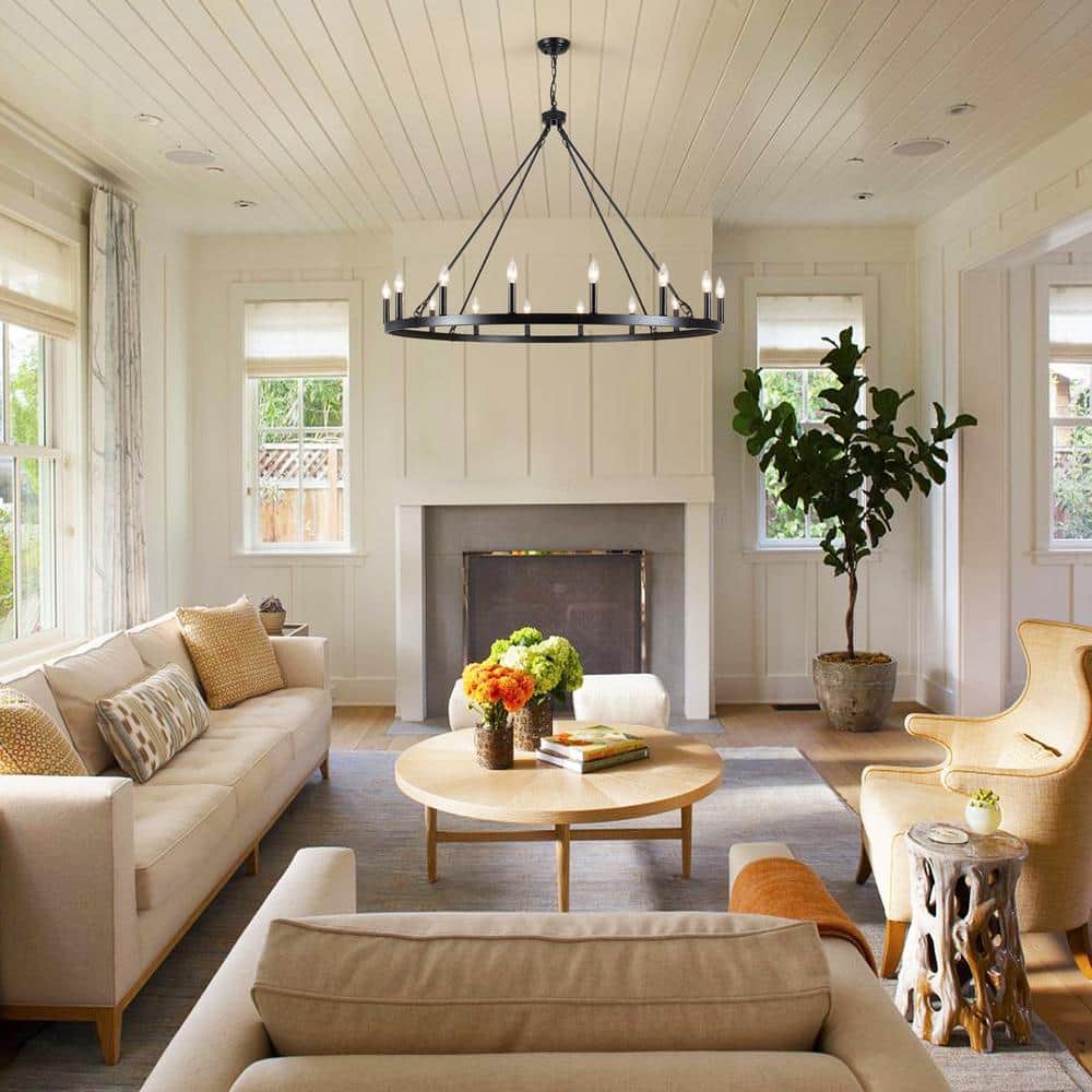 Large Black Metal Wagon Wheel Candle Chandelier