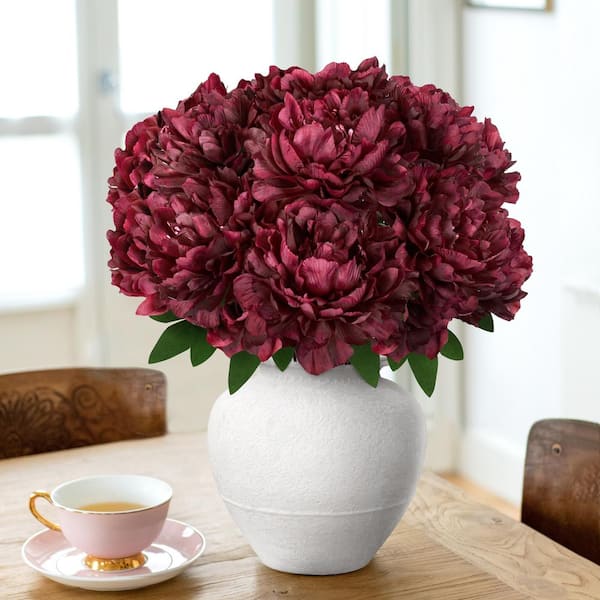 17 in. Burgundy Artificial Lush Hybrid Peony Flower Stem Bush Bouquet (Set of 2)