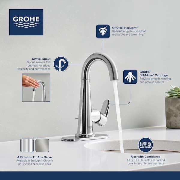 GROHE Veletto 4 inch Centerset Single-Handle Lever High-Arc Bathroom Faucet Starlight Chrome