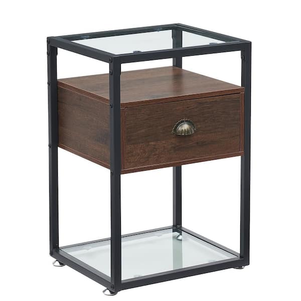Nightstand Bedside Table Living Room Sofa End Table Transparent Glass Table Top, Brown, 23.6"Tx13.8"Wx15.7"L