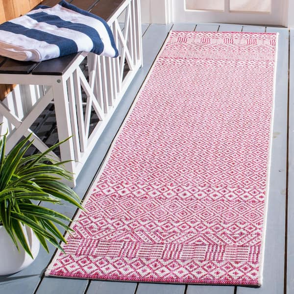 Courtyard 2 ft. x 8 ft. Ivory/Red Geometric Indoor/Outdoor Runner Rug