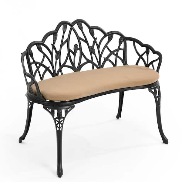Tenleaf 2-Person Black Rust-Resistant Aluminum Outdoor Bench with Tan Cushion for Patio, Park, Lawn