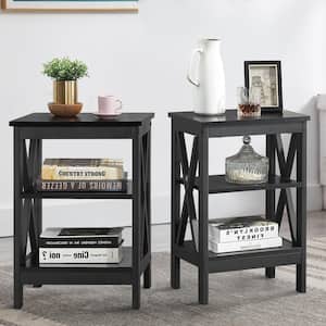 2-Piece Black 3-Tier Nightstand Wooden Sofa Table Storage Shelve Stable Structure 15.7 in. L x 11.8 in. W x 24.2 in. H