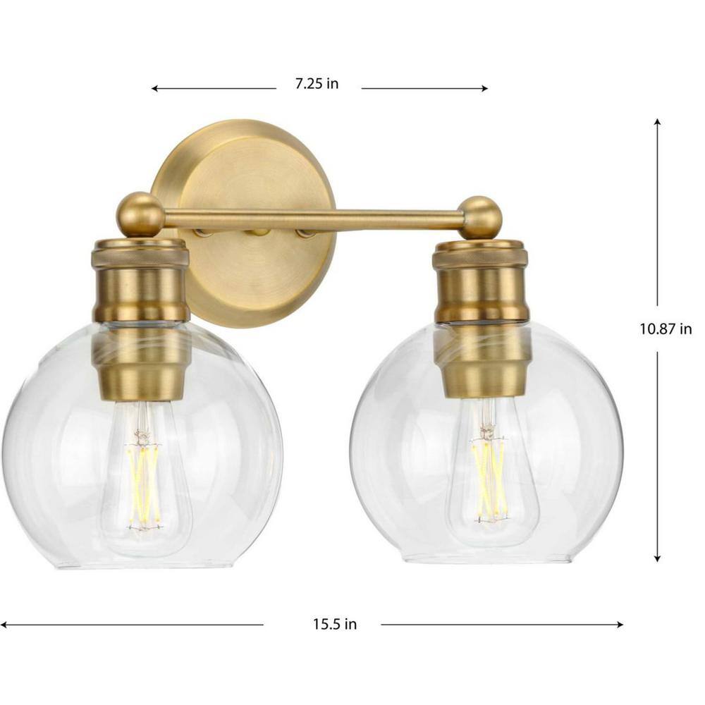 Hansford Vintage Brass 2-Light Bath Vanity with Clear Glass Shades