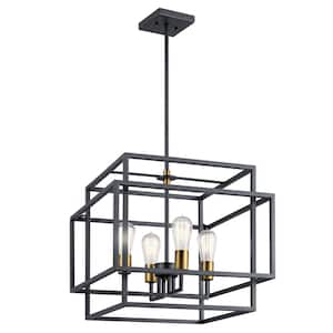 Taubert 4-Light Black/Natural Brass Mid-Century Modern Cage Kitchen Pendant Hanging Light