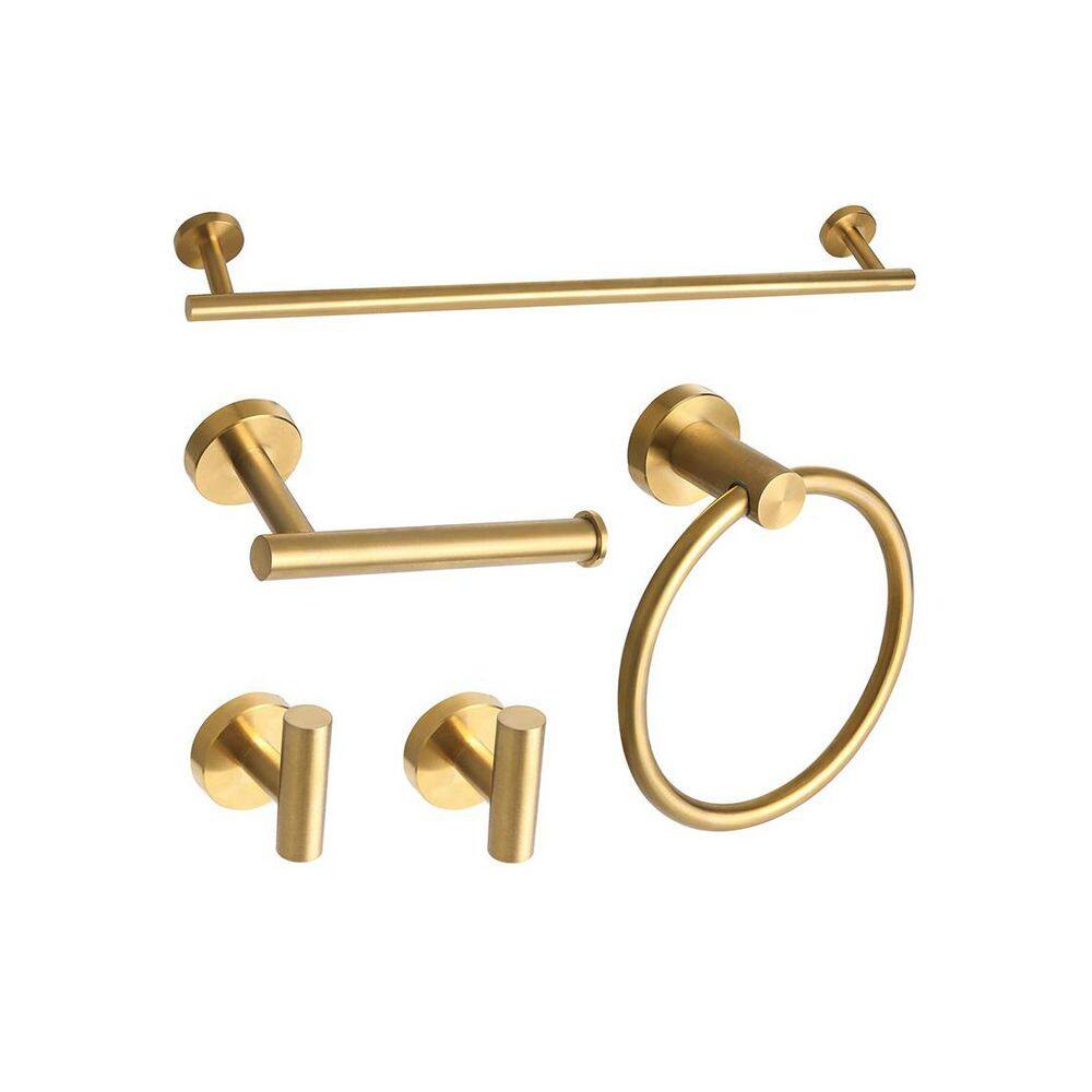 5-Piece Bathroom Hardware Set with 23.6 in. Towel Bar Toilet Paper Holder Towel Ring 2 Robe Hooks in Brushed Gold price history on PriceWatchPro