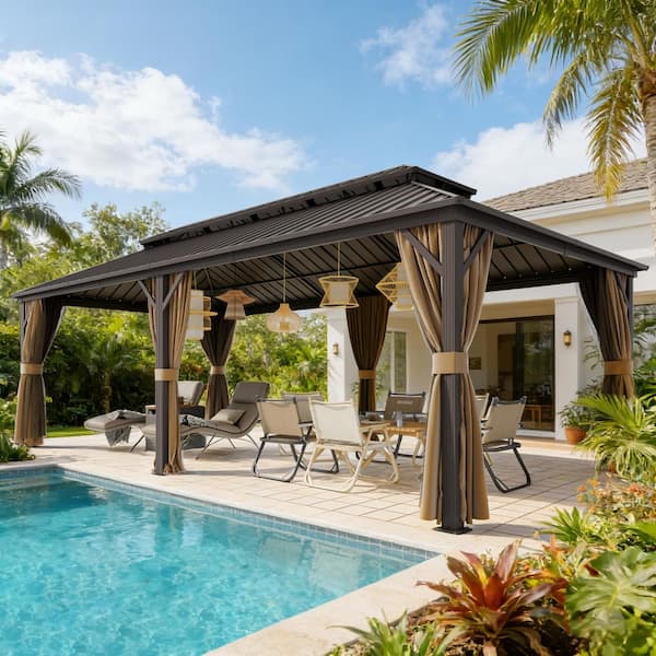 12 ft. x 24 ft. Outdoor Hardtop Gazebo with Double Roof, Galvanized Steel Frame, Mesh and Curtains