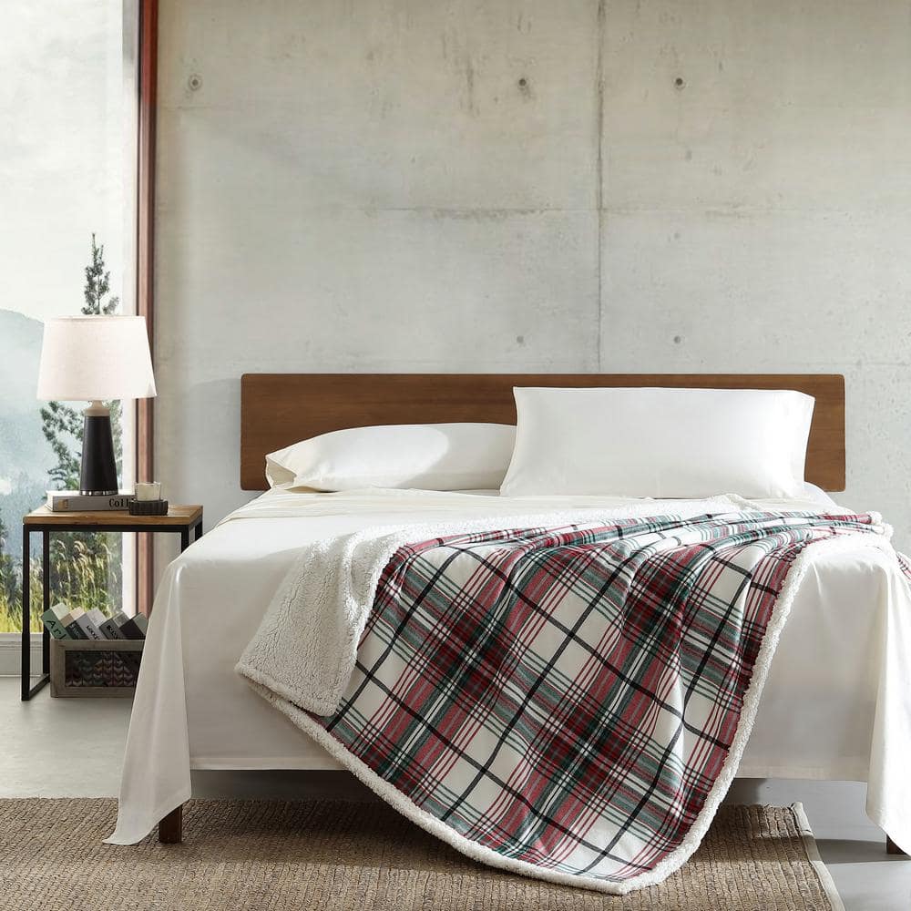 60" Red and Green Plaid Reversible Sherpa Cotton Throw Blanket