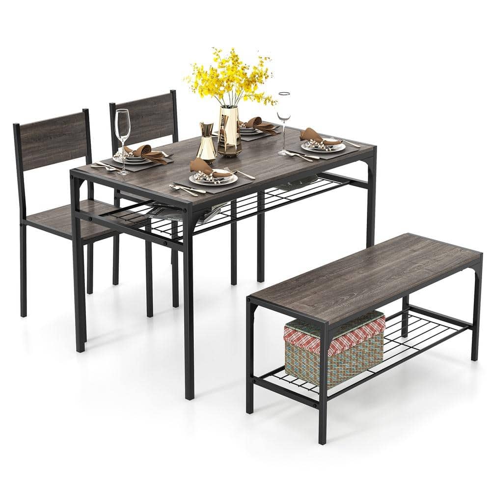 Industrial Style Rectangular Dining Table Set with Bench and Chairs, Gray Finish