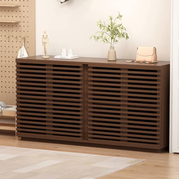 Nathan Oak Wood Entertainment Storage Buffet Cabinet 60 in. W Sideboard with 4 Slatted Doors
