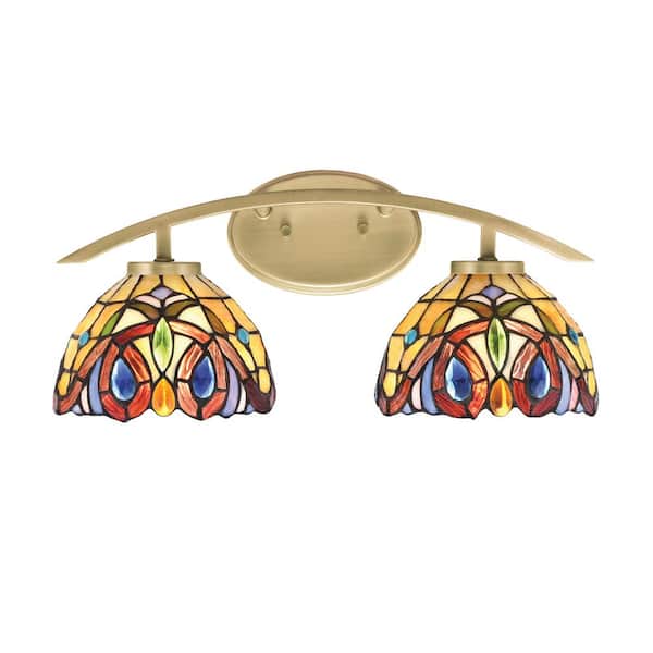 Unbranded Siena 18.25 in. 2-Light Vanity Light New Age Brass with 7 in. Lynx Art Glass Shades, No Bulbs Included