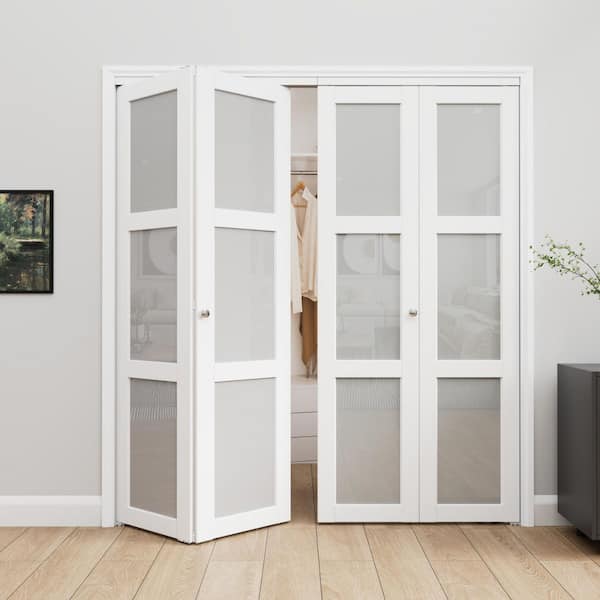 72 in. x 80 in. 3-Lite Tempered Frosted Glass and Solid Core White Finished MDF Closet Bi-Fold Door with Hardware