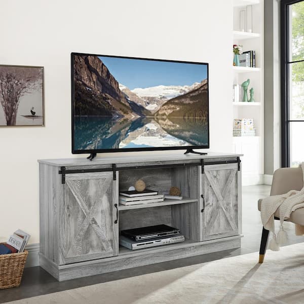 HOMESTOCK 58 in. Gray Farmhouse TV Stand, Rustic Wooden 60 in. TV Console Cabinet with Sliding Barn Doors Entertainment Center