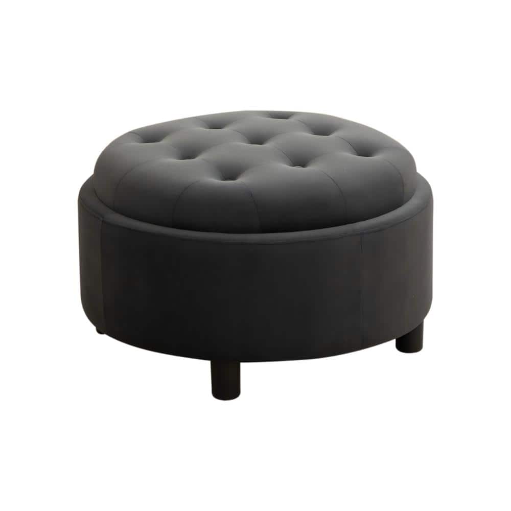 Gray Upholstered Round Ottoman With Reversible Lid, Fleece Fabric Storage Stool, Hand-pulled buckle Footstool price history on PriceWatchPro