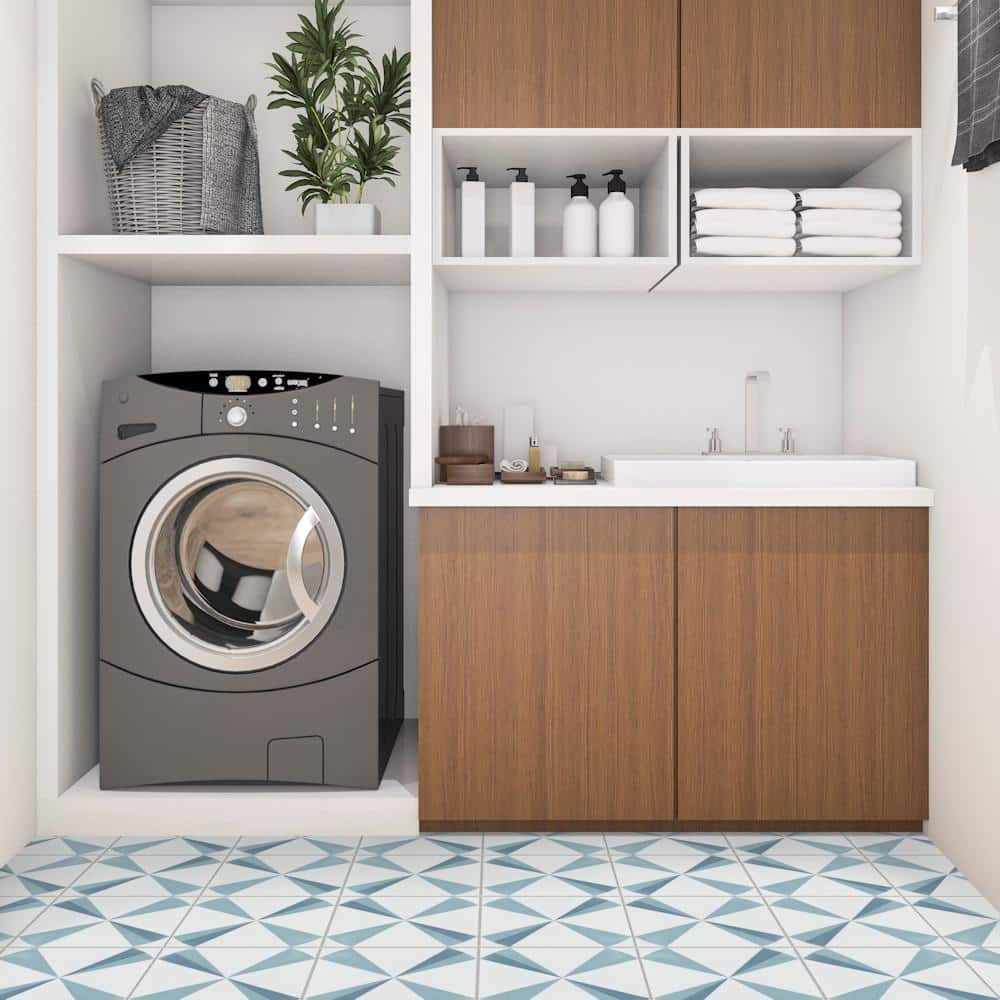 Polaris 8x8 Blue and White Cement Patterned Tile
