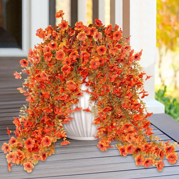5 in. H Orange Artificial Hanging Fall Flowers 4-Pieces Fake Mums
