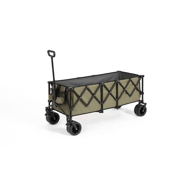 Otryad 16 cu. ft. Steel Garden Cart, Foldable Extended Wagon with 220lbs Capacity, Big All-Terrain Wheel&Drink Holder in Green