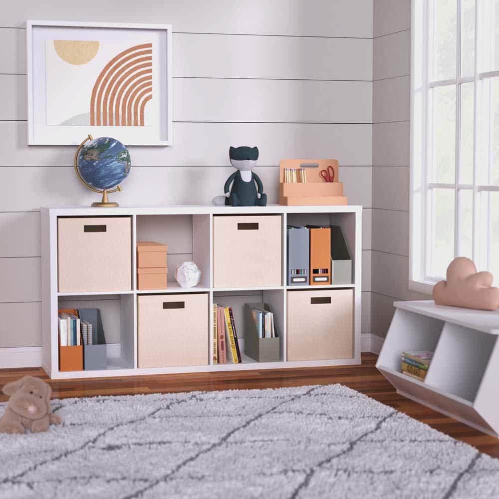 Tan Fabric Cube Storage Bin with Dual Handles
