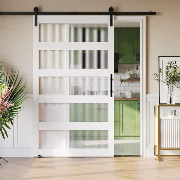 Bestier 48 in. x 84 in. 5-Lite Frosted Glass White Finished MDF Sliding Barn Door Slab with Hardware Kit and Handle and Lock