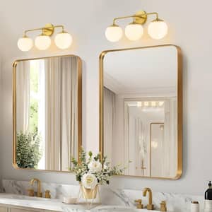 Ceder 23.6 in. W 3-Light Aged Brass Bathroom Vanity Light Floral Polished White Glass Wall Sconce Above Mirror