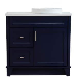 37 in.W x 22 in.D Single Vanity in Blue w Quartz Vanity Top in White w Right White Round Basin & Door on Right Side