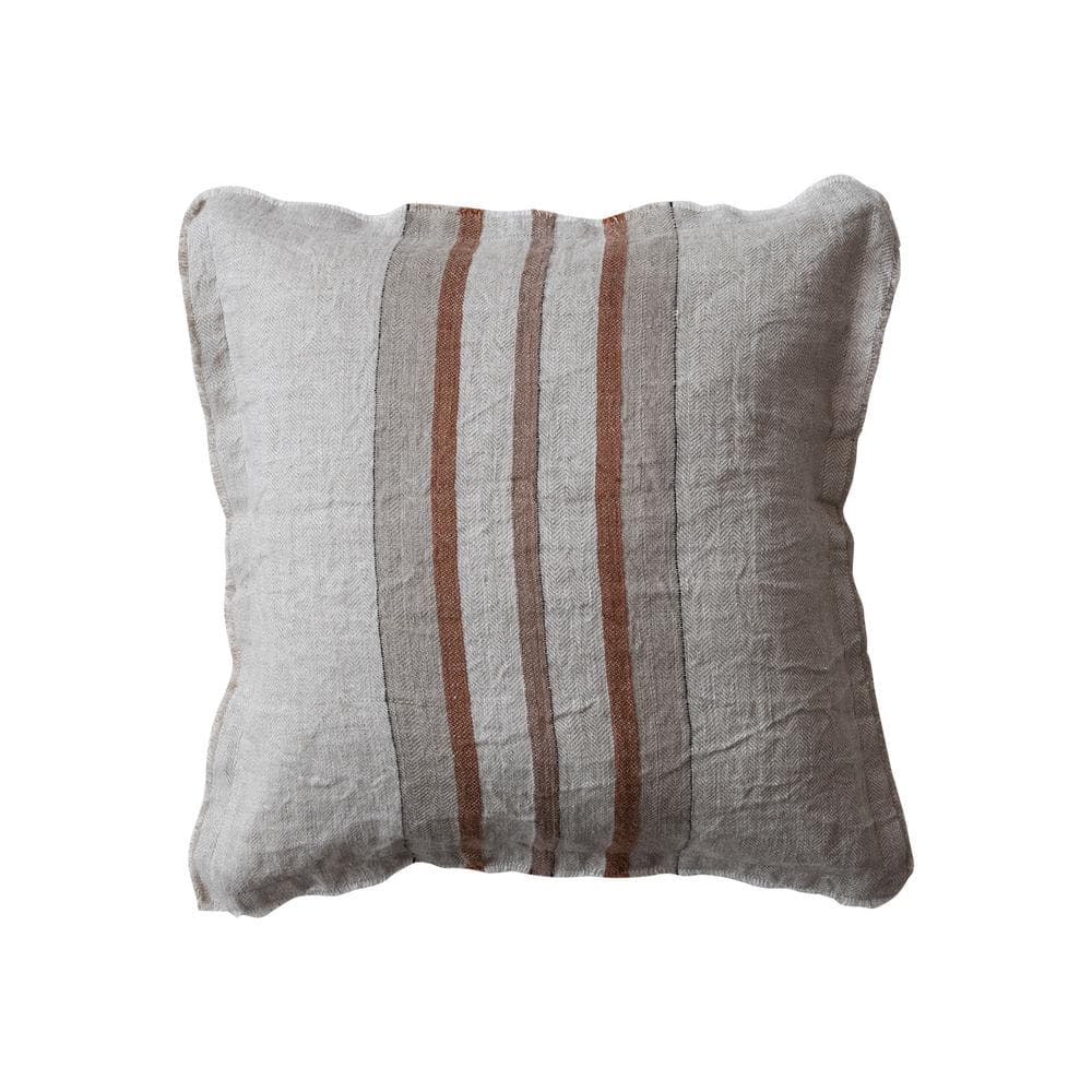 Tan and Brown Linen Striped Square Pillow with Fringe
