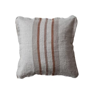 Tan & Brown Polyester 20 in. x 20 in. Striped Linen Throw Pillow with Fringe