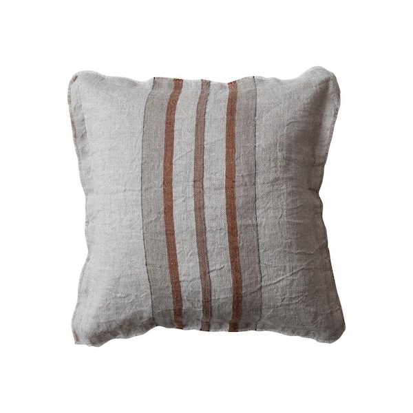 Storied Home Tan & Brown Polyester 20 in. x 20 in. Striped Linen Throw Pillow with Fringe