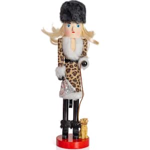 15 in. Wooden Shopping Lady Christmas Nutcracker -Glitter Shopper with Dog Holiday Nutcracker Figure Toy Decorations