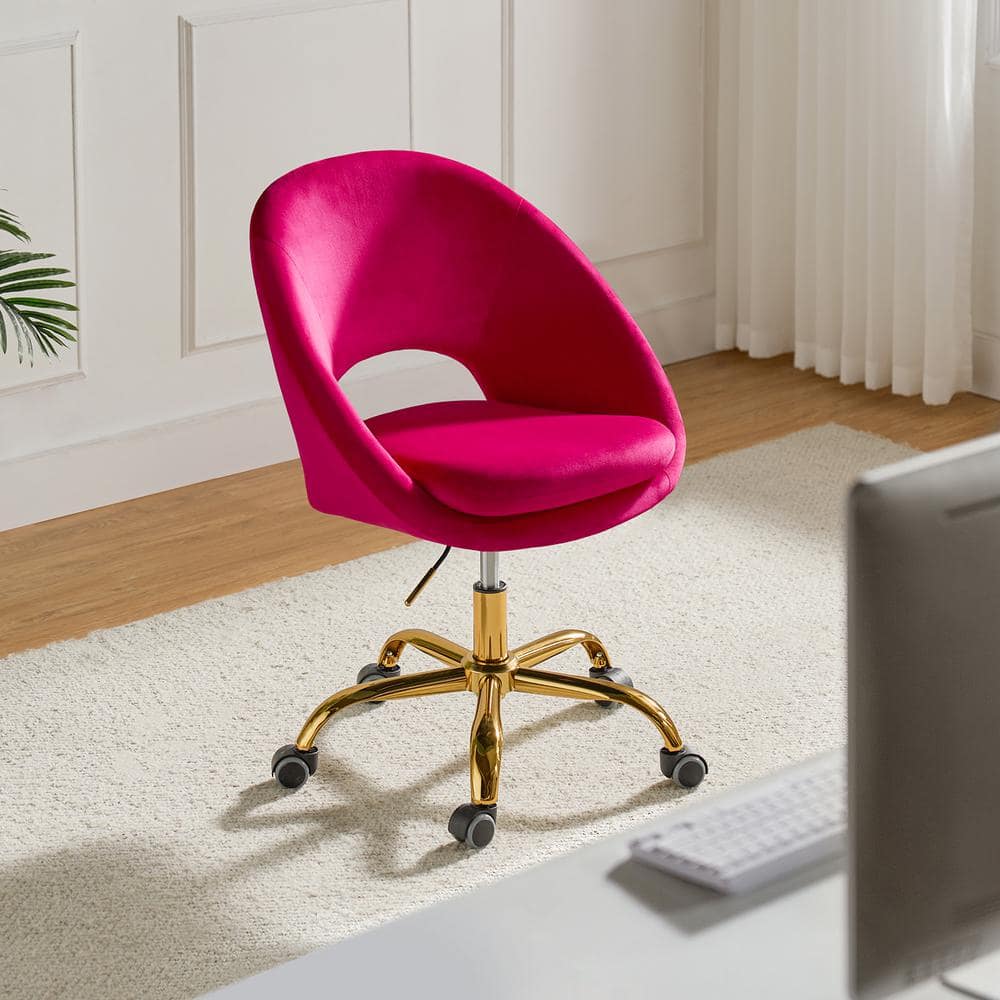 Ergonomic Fuchsia Velvet Swivel Task Chair with Gold Metal Base