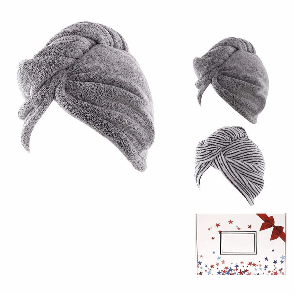 Gray Microfiber Hair Towel Wrap 2 Pack Super Absorbent Quick Dry Turban with Button for Curly Long Wet Hair