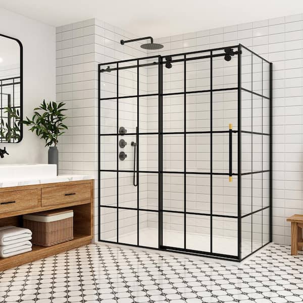 ROSWELL Puente 68 in. W x 78 in. H Rectangle Sliding Frameless Corner Shower Dooe Enclosure in Matte Black with Clear Glass
