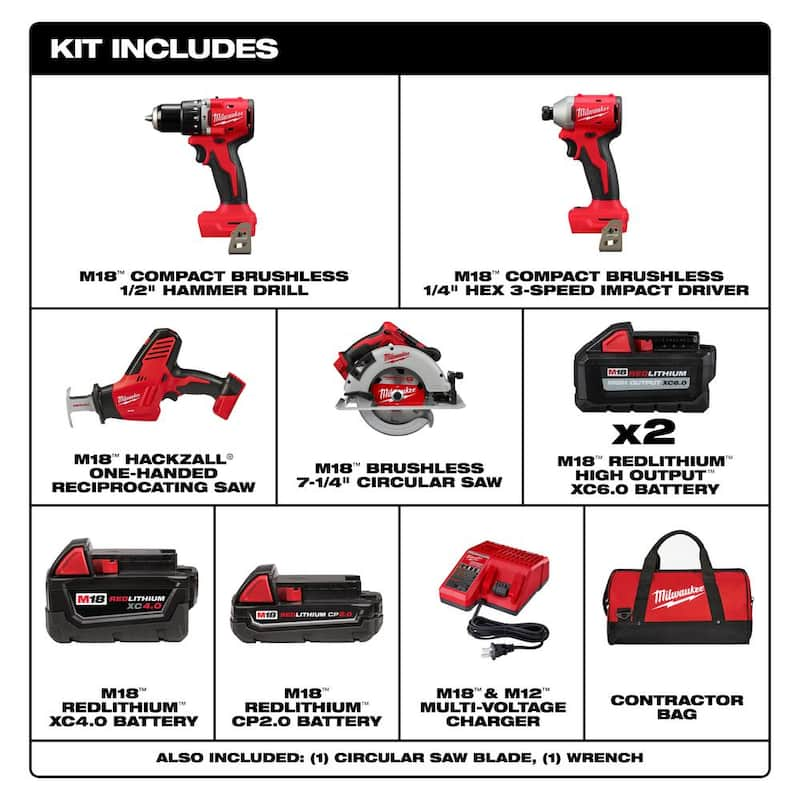 M18 18-Volt Lithium-Ion Brushless Cordless Combo Kit (4-Tool) with 2-Batteries, 1-Charger and Tool Bag