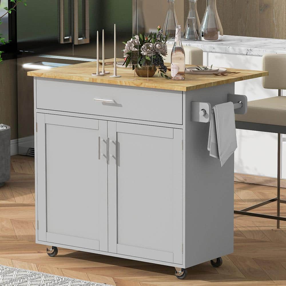 Gray Wood Kitchen Cart with Storage, Kitchen Island with Drop Leaf/Internal
