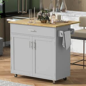 Gray Wood Kitchen Cart with Storage, Kitchen Island with Drop Leaf/Internal Storage Rack/Drawer