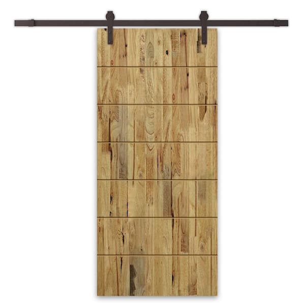 CALHOME 36 in. x 96 in. Weather Oak Stained Pine Wood Modern Interior Sliding Barn Door with Hardware Kit