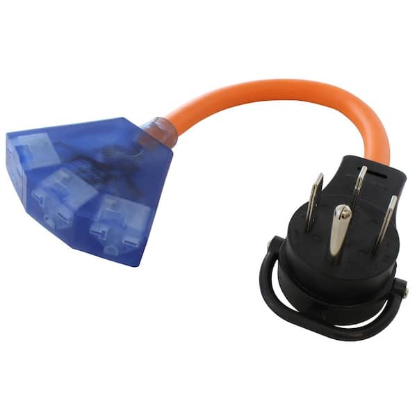 AC WORKS 1.5 ft. 50 Amp 4-Prong RV/ Range 14-50P Plug to (3) NEMA 6-15/20 Tri-Outlet with Power Indicator
